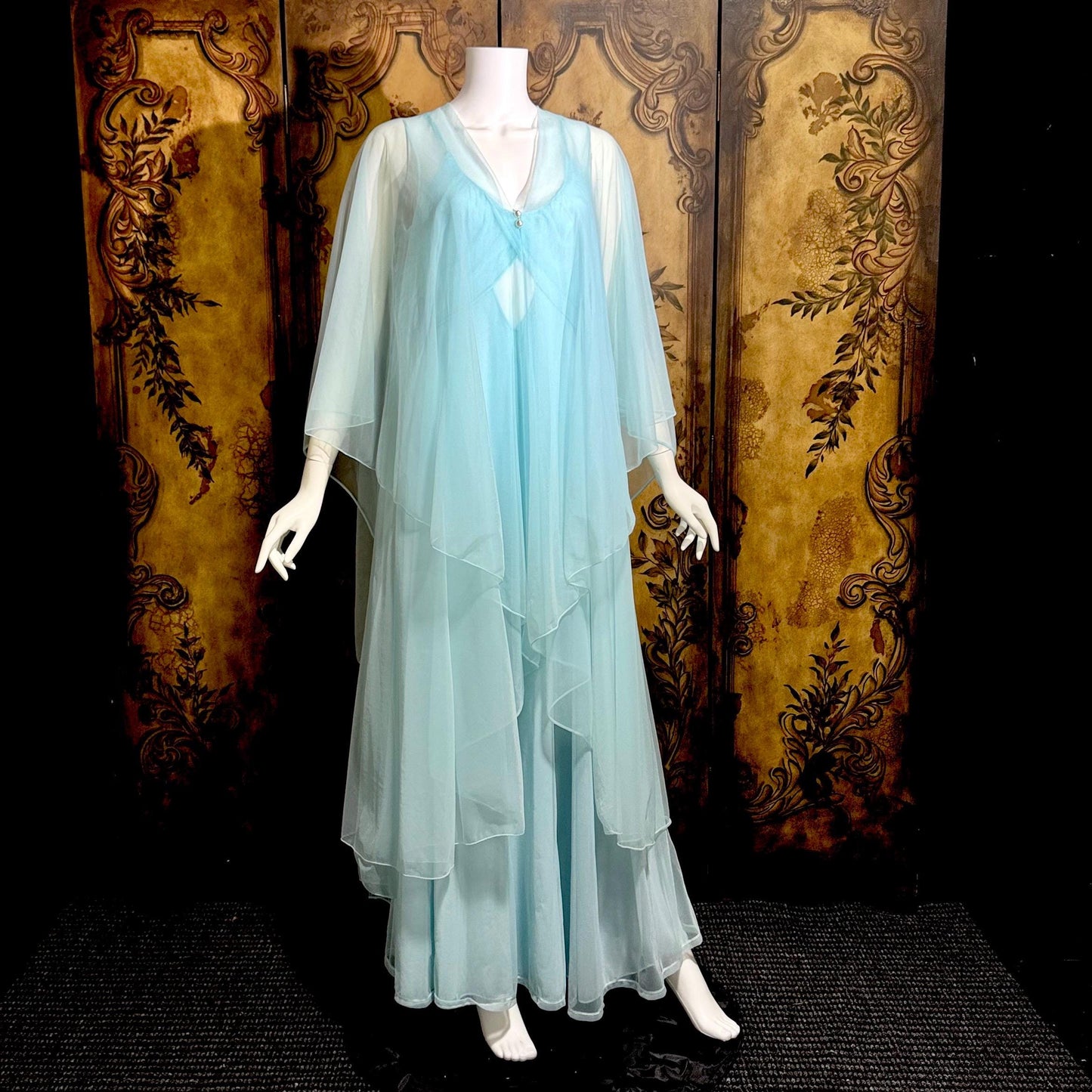 VIRGINIA WALLACE vintage nightgown robe set, 1960s Powder blue double layer chiffon, lingerie slip dress peignoir set