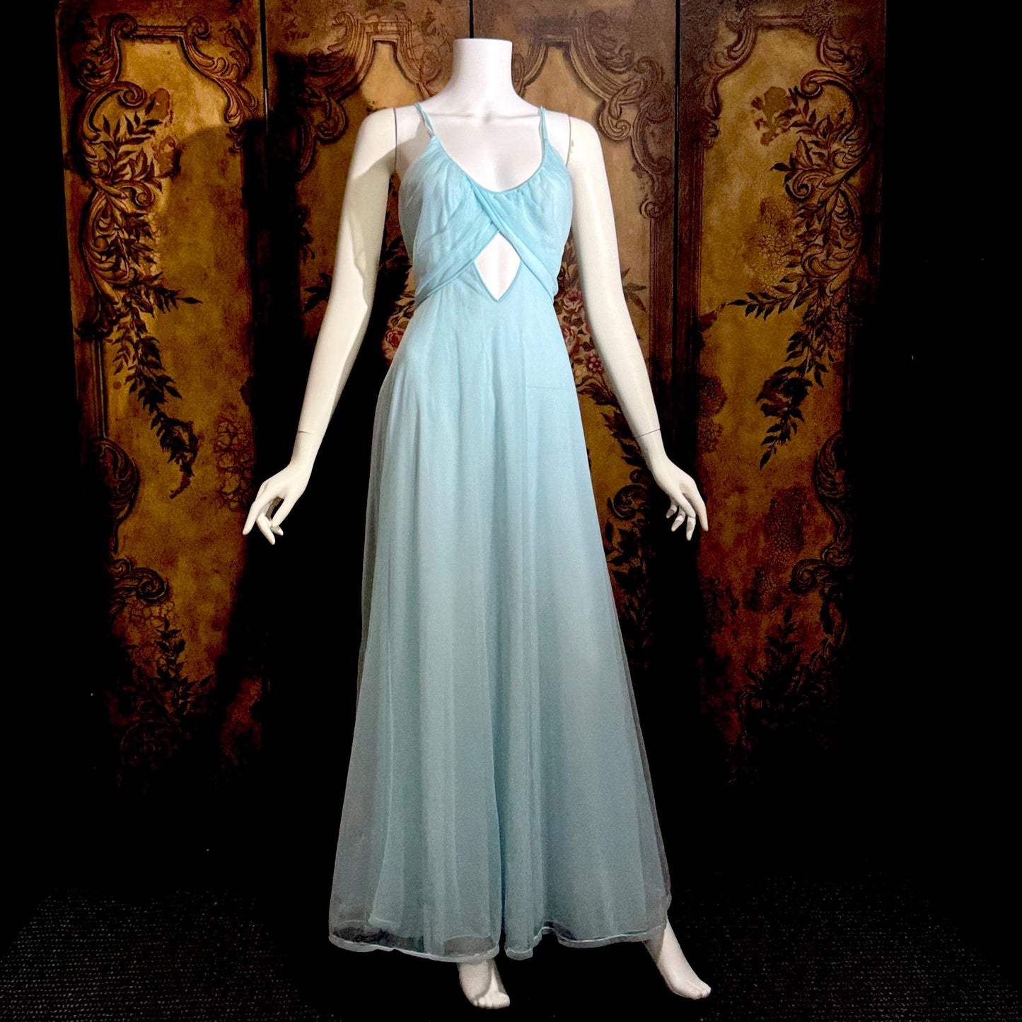 VIRGINIA WALLACE vintage nightgown robe set, 1960s Powder blue double layer chiffon, lingerie slip dress peignoir set