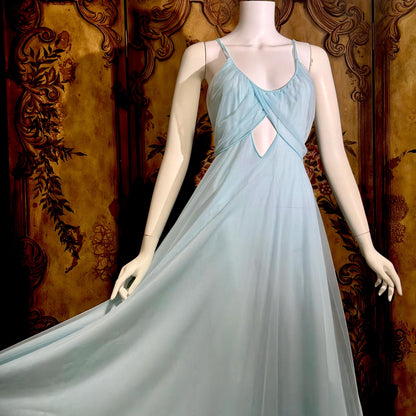 VIRGINIA WALLACE vintage nightgown robe set, 1960s Powder blue double layer chiffon, lingerie slip dress peignoir set