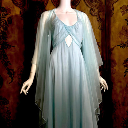 VIRGINIA WALLACE vintage nightgown robe set, 1960s Powder blue double layer chiffon, lingerie slip dress peignoir set