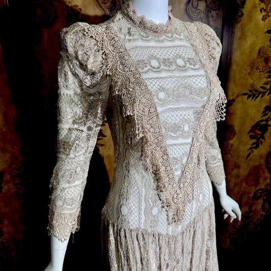 1980s Vintage evening dress, taupe crochet lace see through victorian style dress