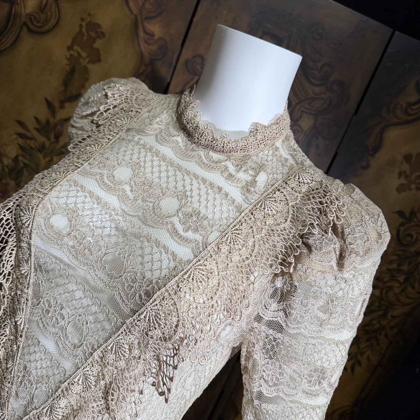 1980s Vintage evening dress, taupe crochet lace see through victorian style dress