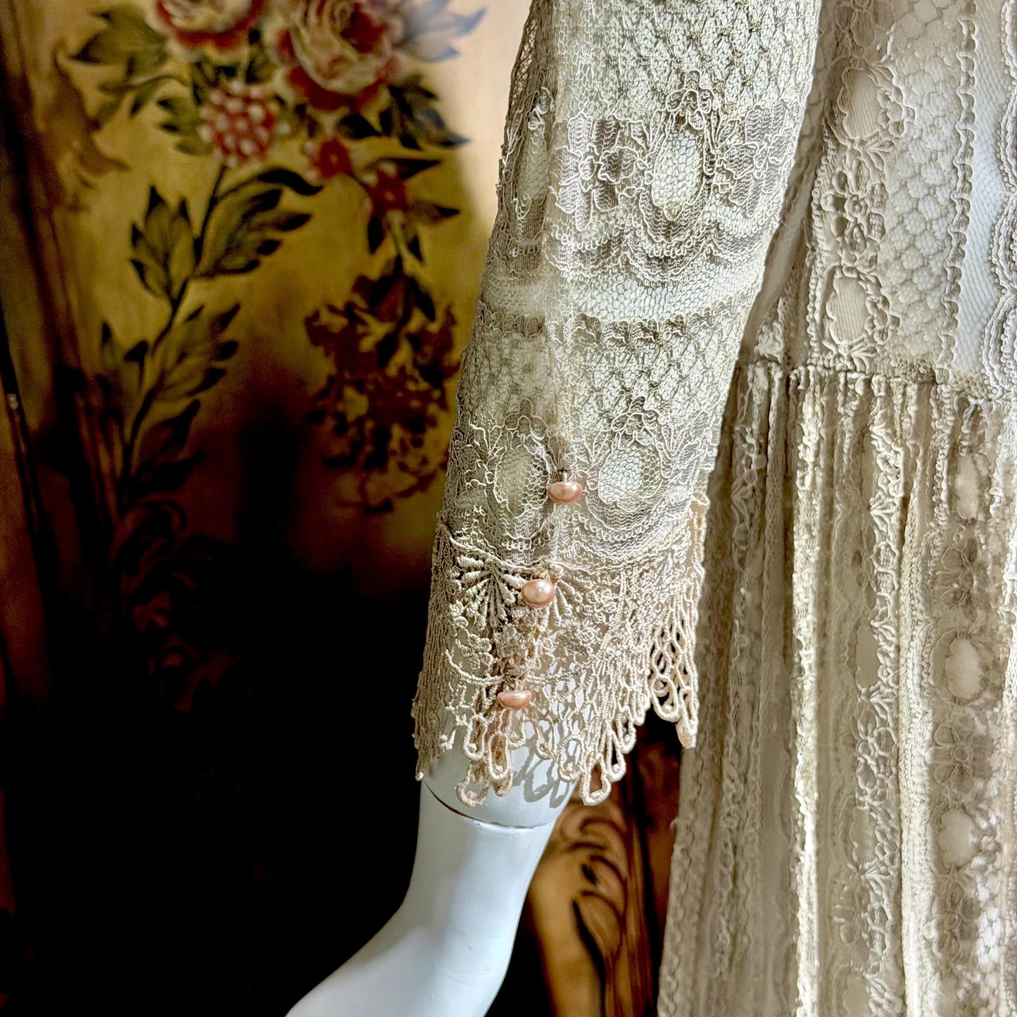 1980s Vintage evening dress, taupe crochet lace see through victorian style dress
