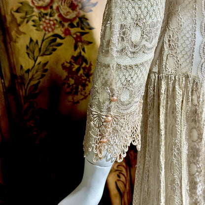 1980s Vintage evening dress, taupe crochet lace see through victorian style dress