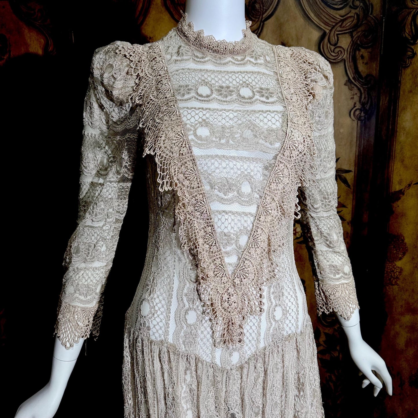 1980s Vintage evening dress, taupe crochet lace see through victorian style dress