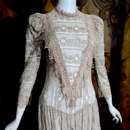 1980s Vintage evening dress, taupe crochet lace see through victorian style dress