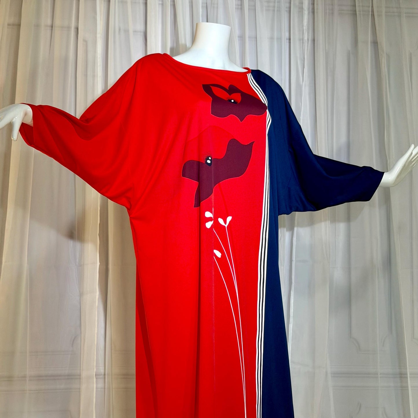 ALFRED SHAHEEN Vintage 1970s caftan dress, Hawaii screen print maxi house dress kaftan