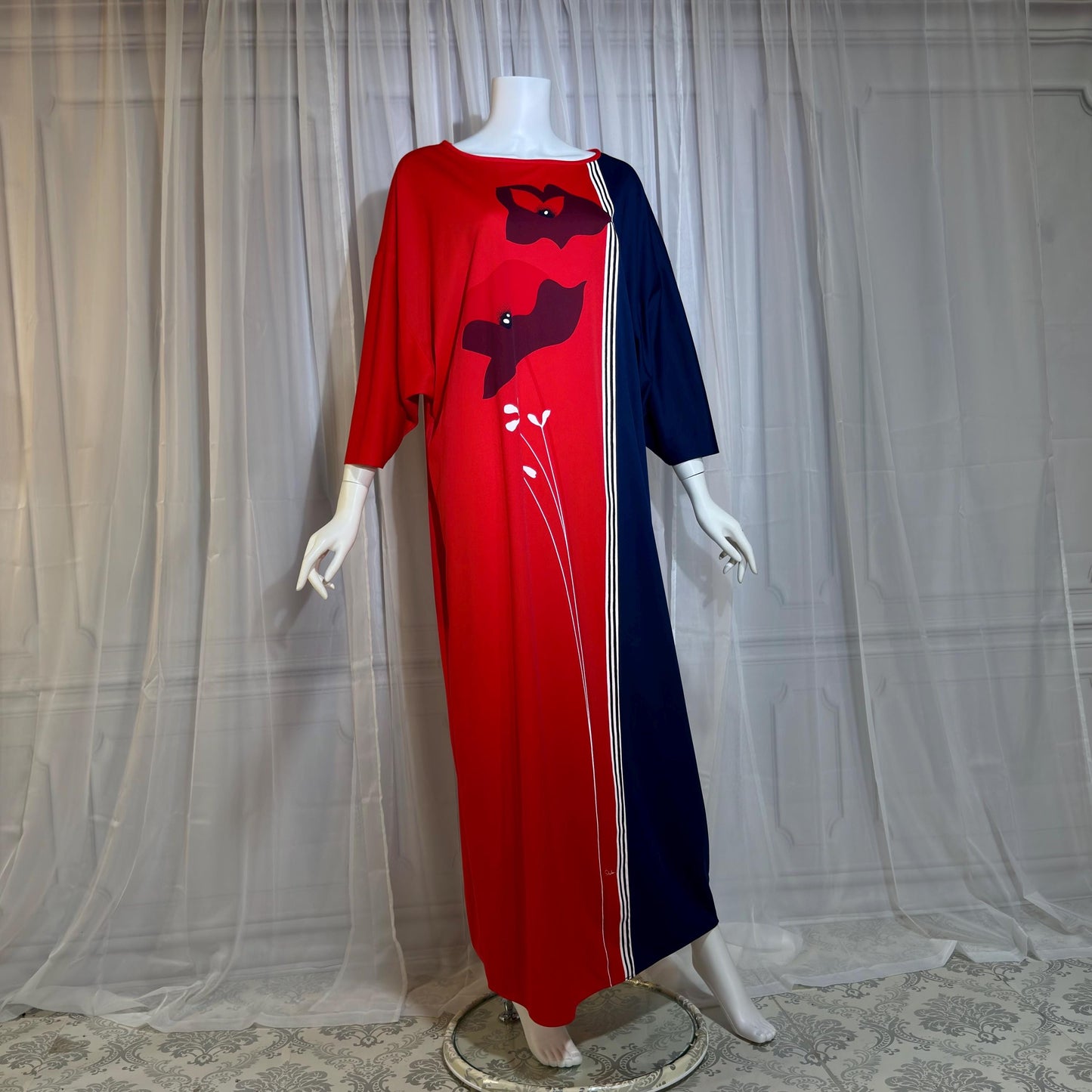 ALFRED SHAHEEN Vintage 1970s caftan dress, Hawaii screen print maxi house dress kaftan