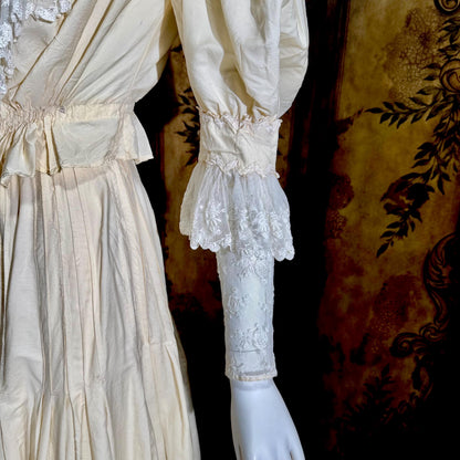 1906 Edwardian Victorian wedding dress, Vintage custom made white cotton high neck 4 pc gown