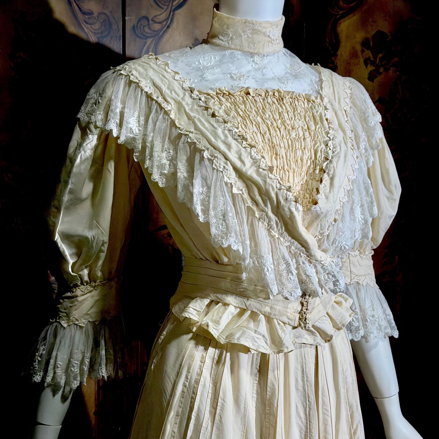 1906 Edwardian Victorian wedding dress, Vintage custom made white cotton high neck 4 pc gown