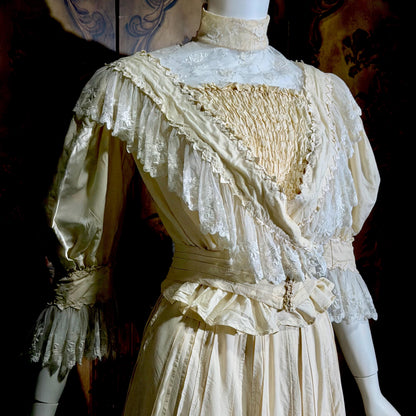 1906 Edwardian Victorian wedding dress, Vintage custom made white cotton high neck 4 pc gown