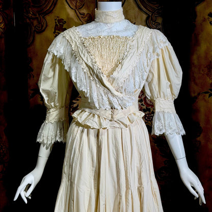 1906 Edwardian Victorian wedding dress, Vintage custom made white cotton high neck 4 pc gown