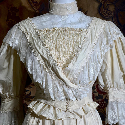1906 Edwardian Victorian wedding dress, Vintage custom made white cotton high neck 4 pc gown
