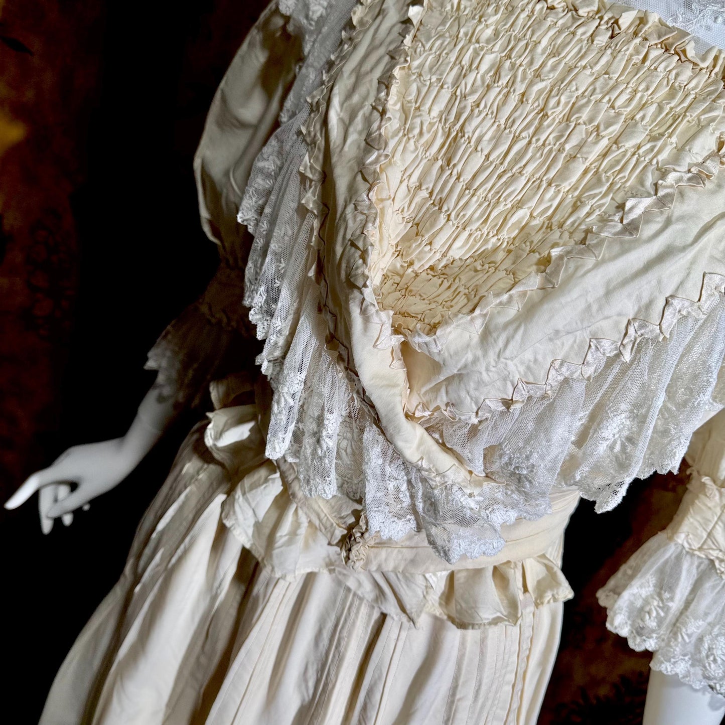 1906 Edwardian Victorian wedding dress, Vintage custom made white cotton high neck 4 pc gown