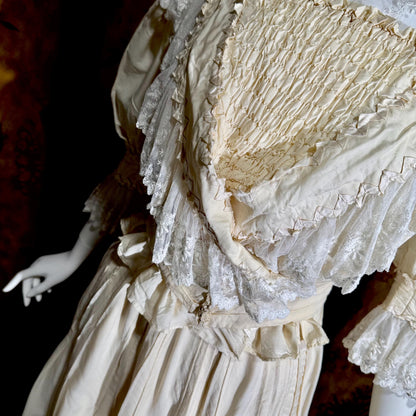 1906 Edwardian Victorian wedding dress, Vintage custom made white cotton high neck 4 pc gown