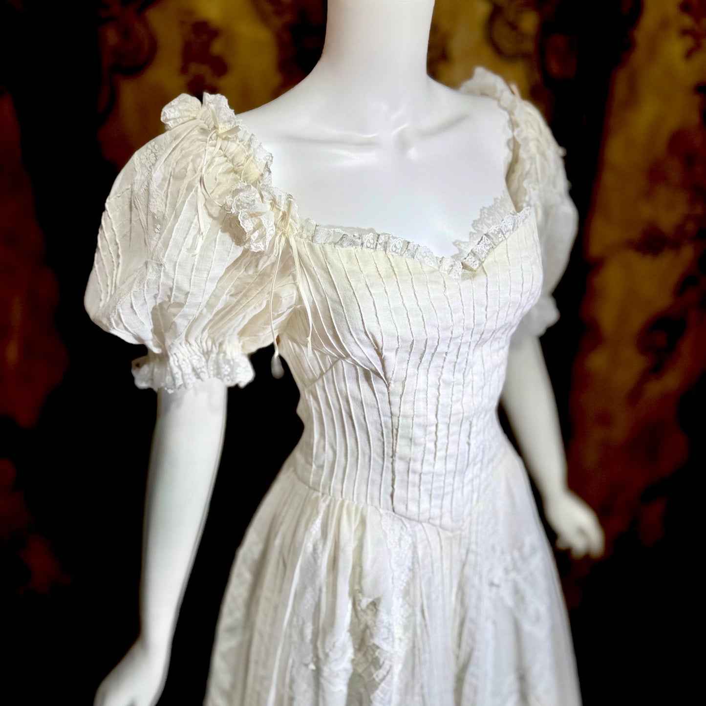 1970s vintage Mexican Wedding dress, White cotton gauze pin tuck off shoulder ball gown