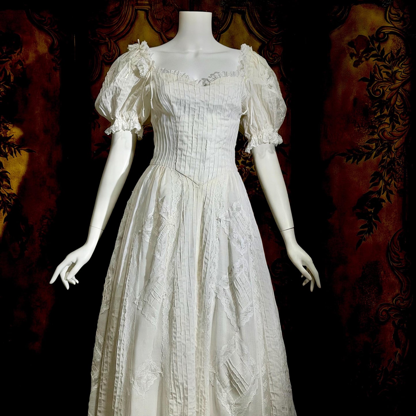 1970s vintage Mexican Wedding dress, White cotton gauze pin tuck off shoulder ball gown