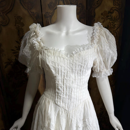 1970s vintage Mexican Wedding dress, White cotton gauze pin tuck off shoulder ball gown