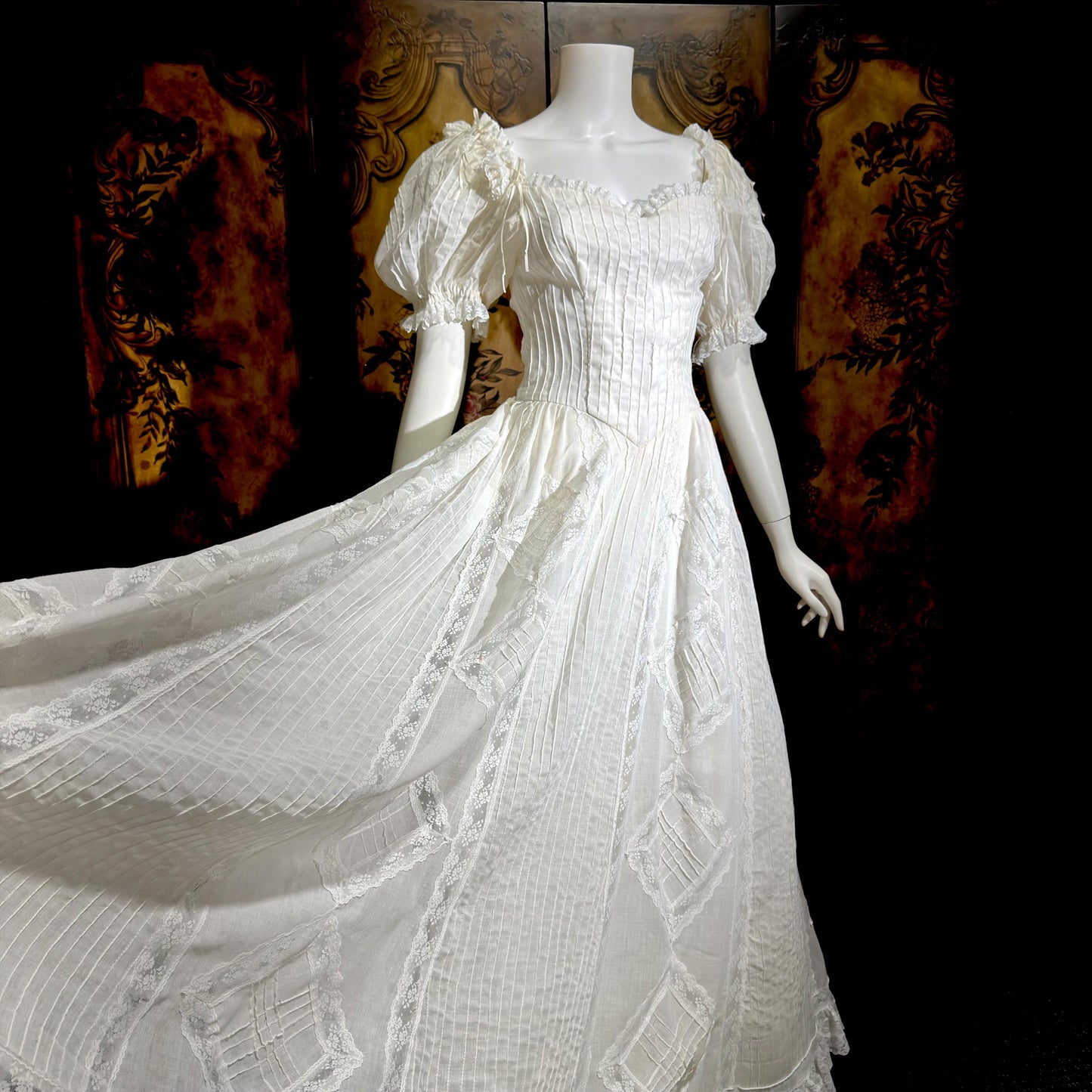1970s vintage Mexican Wedding dress, White cotton gauze pin tuck off shoulder ball gown