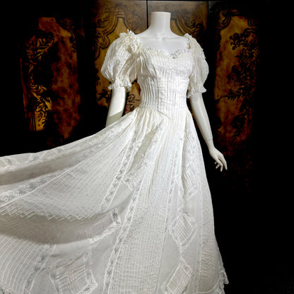 1970s vintage Mexican Wedding dress, White cotton gauze pin tuck off shoulder ball gown