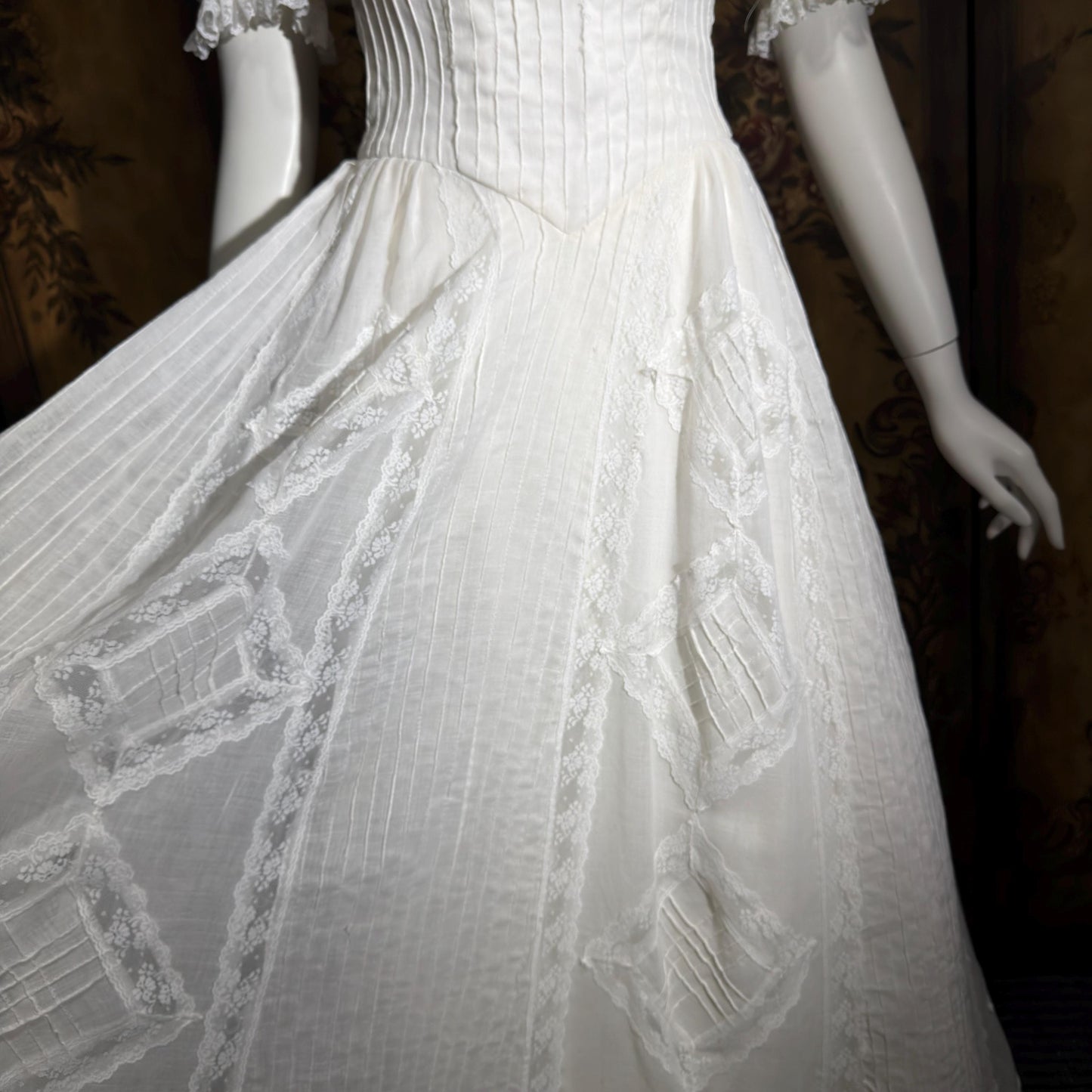 1970s vintage Mexican Wedding dress, White cotton gauze pin tuck off shoulder ball gown