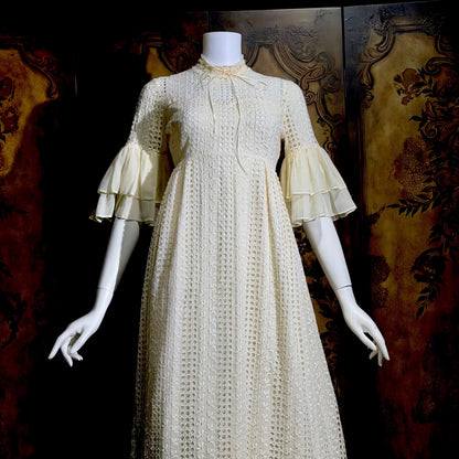 COURIERS vintage 1970s wedding prairie dress, white cotton eyelet flutter sleeve Boho maxi dress