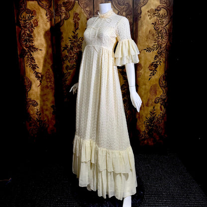 COURIERS vintage 1970s wedding prairie dress, white cotton eyelet flutter sleeve Boho maxi dress