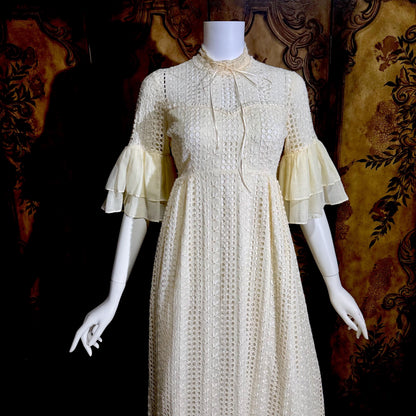 COURIERS vintage 1970s wedding prairie dress, white cotton eyelet flutter sleeve Boho maxi dress
