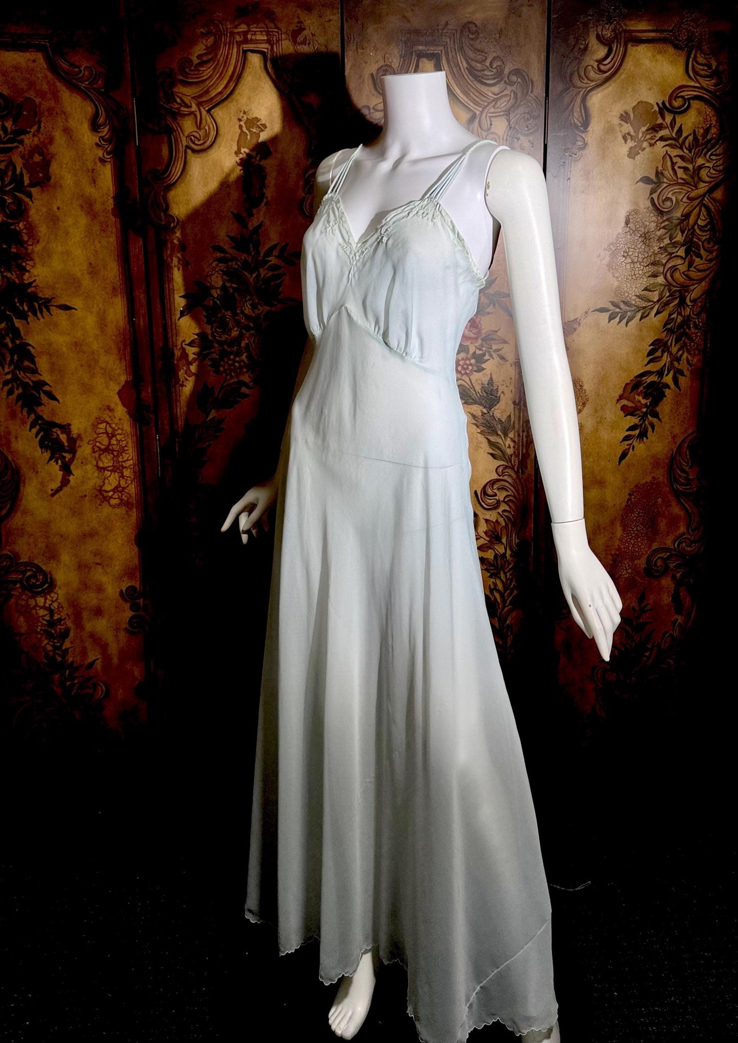 SAAB vintage 1940s nightgown slip dress, I.MAGNIN palest blue full length lingerie dress