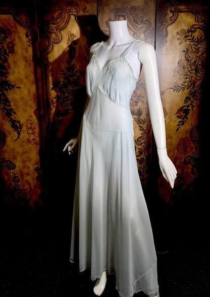 SAAB vintage 1940s nightgown slip dress, I.MAGNIN palest blue full length lingerie dress