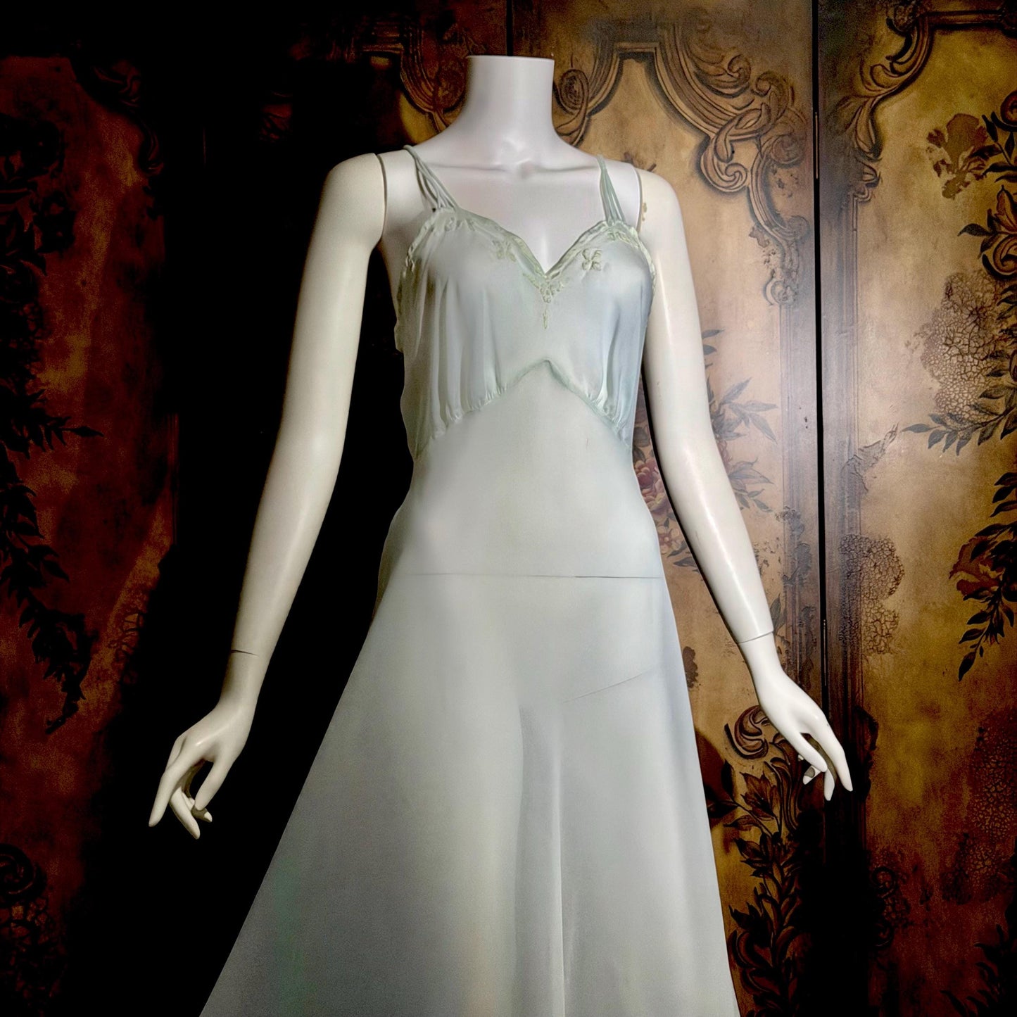 SAAB vintage 1940s nightgown slip dress, I.MAGNIN palest blue full length lingerie dress