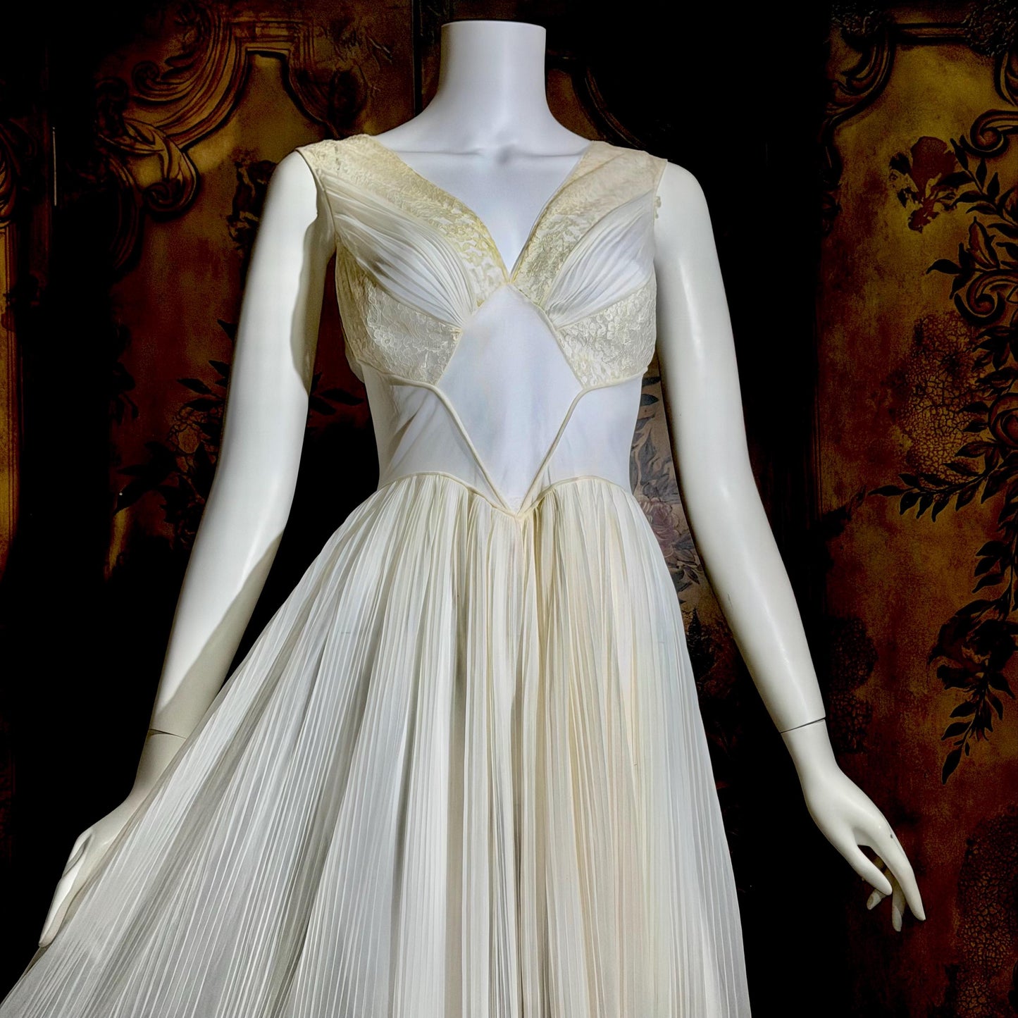 1950s vintage nightgown slip dress, White micro pleat nylon lingerie dress