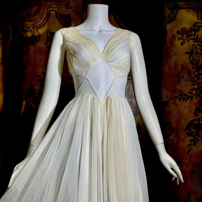 1950s vintage nightgown slip dress, White micro pleat nylon lingerie dress