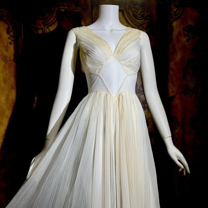 1950s vintage nightgown slip dress, White micro pleat nylon lingerie dress