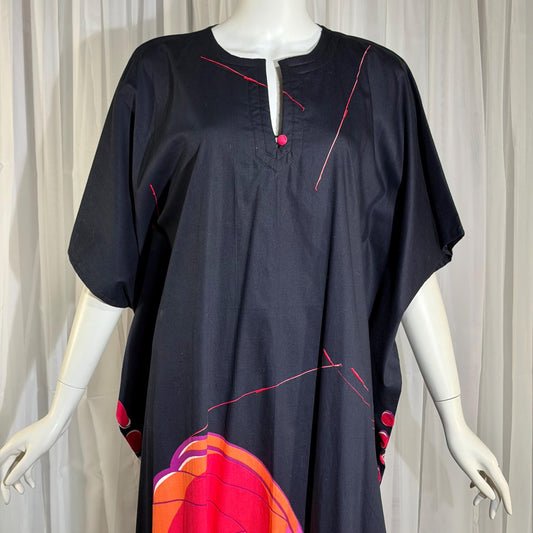 NEIMAN MARCUS vintage 1970s caftan, black cotton, hand screened in Thailand, Op Art butterfly
