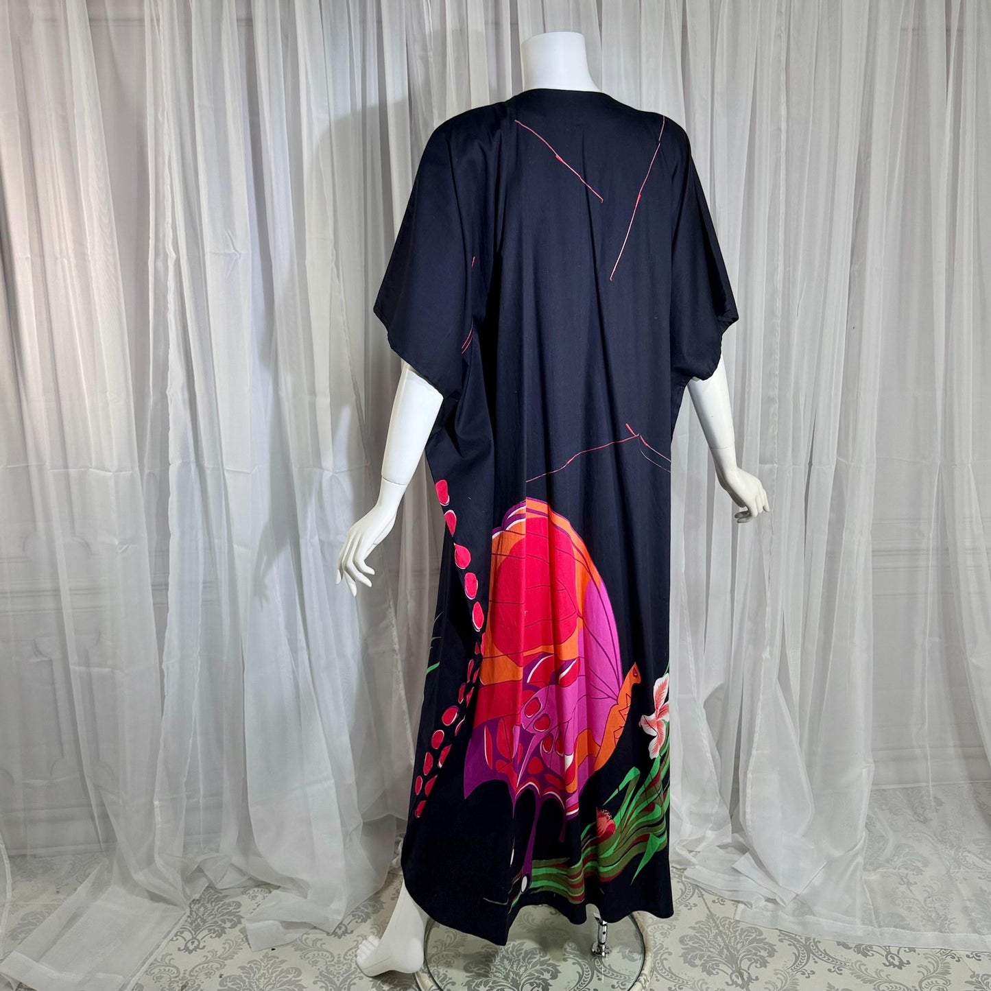 NEIMAN MARCUS vintage 1970s caftan, black cotton, hand screened in Thailand, Op Art butterfly