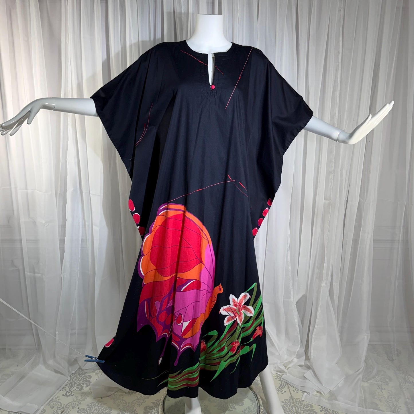 NEIMAN MARCUS vintage 1970s caftan, black cotton, hand screened in Thailand, Op Art butterfly