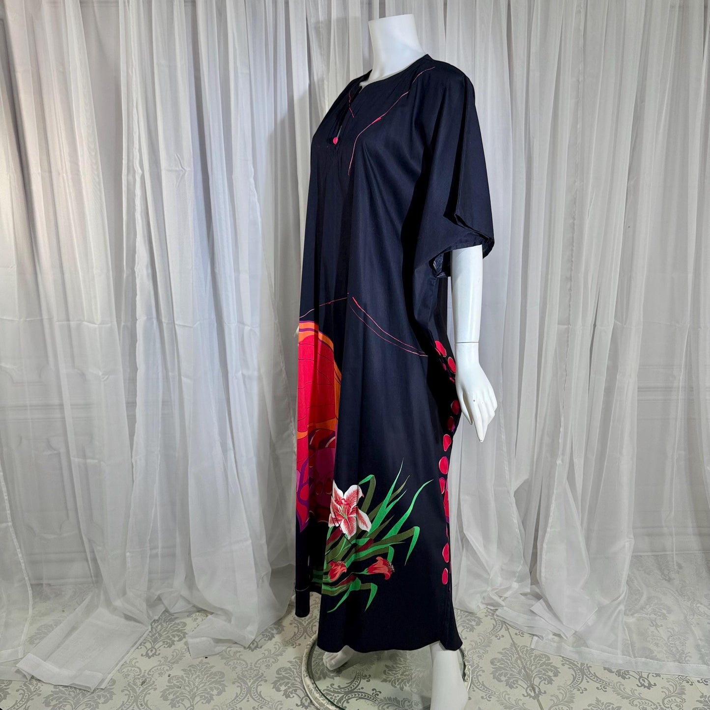 NEIMAN MARCUS vintage 1970s caftan, black cotton, hand screened in Thailand, Op Art butterfly