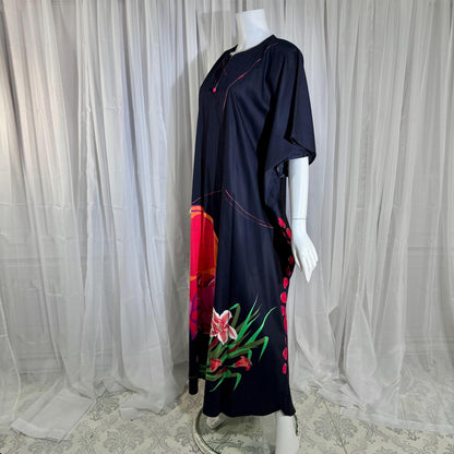 NEIMAN MARCUS vintage 1970s caftan, black cotton, hand screened in Thailand, Op Art butterfly