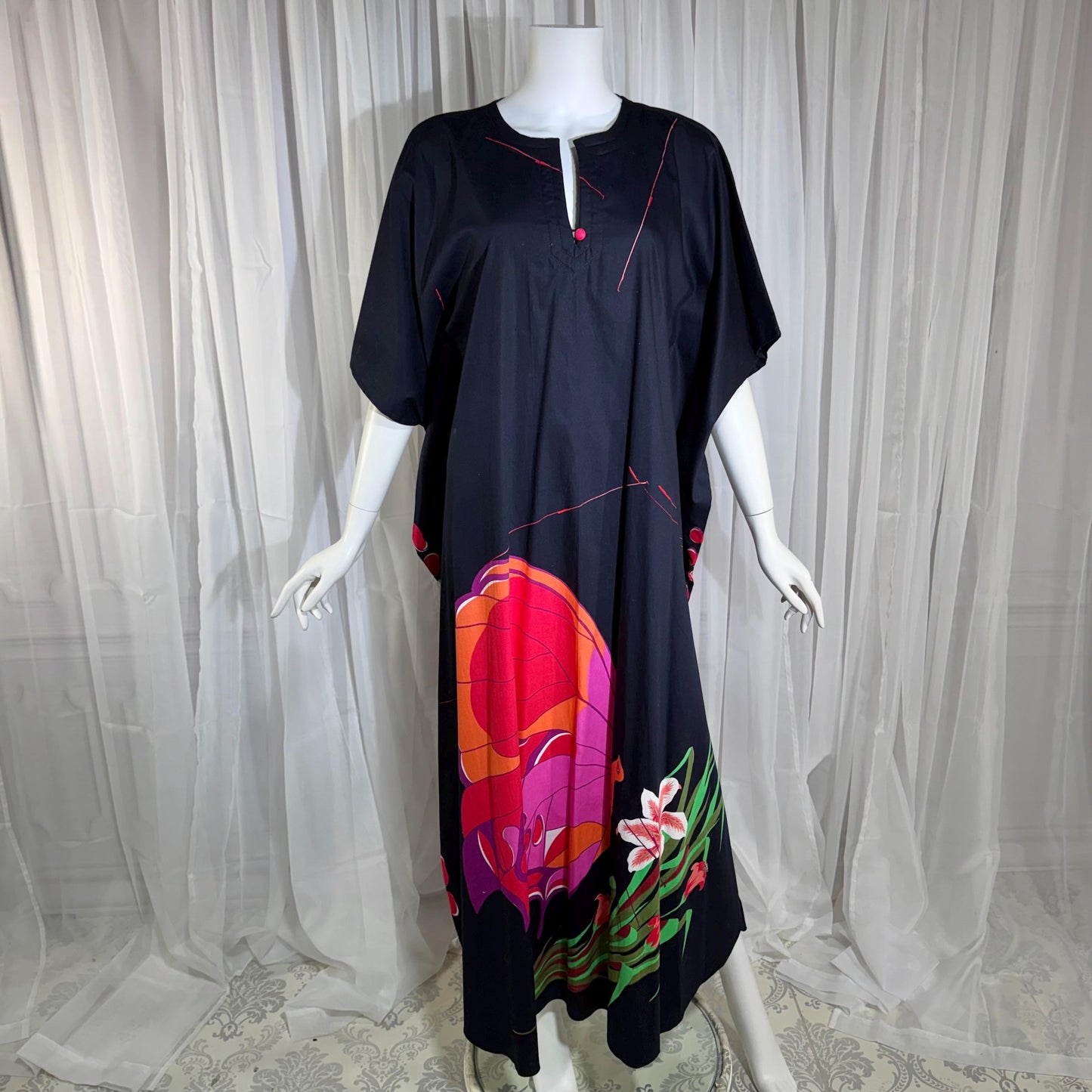 NEIMAN MARCUS vintage 1970s caftan, black cotton, hand screened in Thailand, Op Art butterfly