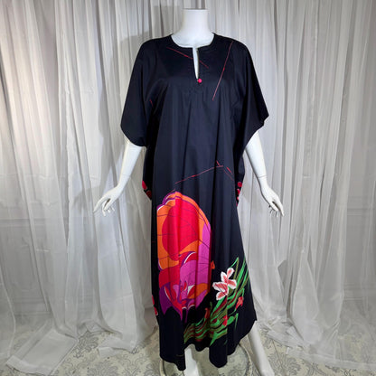 NEIMAN MARCUS vintage 1970s caftan, black cotton, hand screened in Thailand, Op Art butterfly