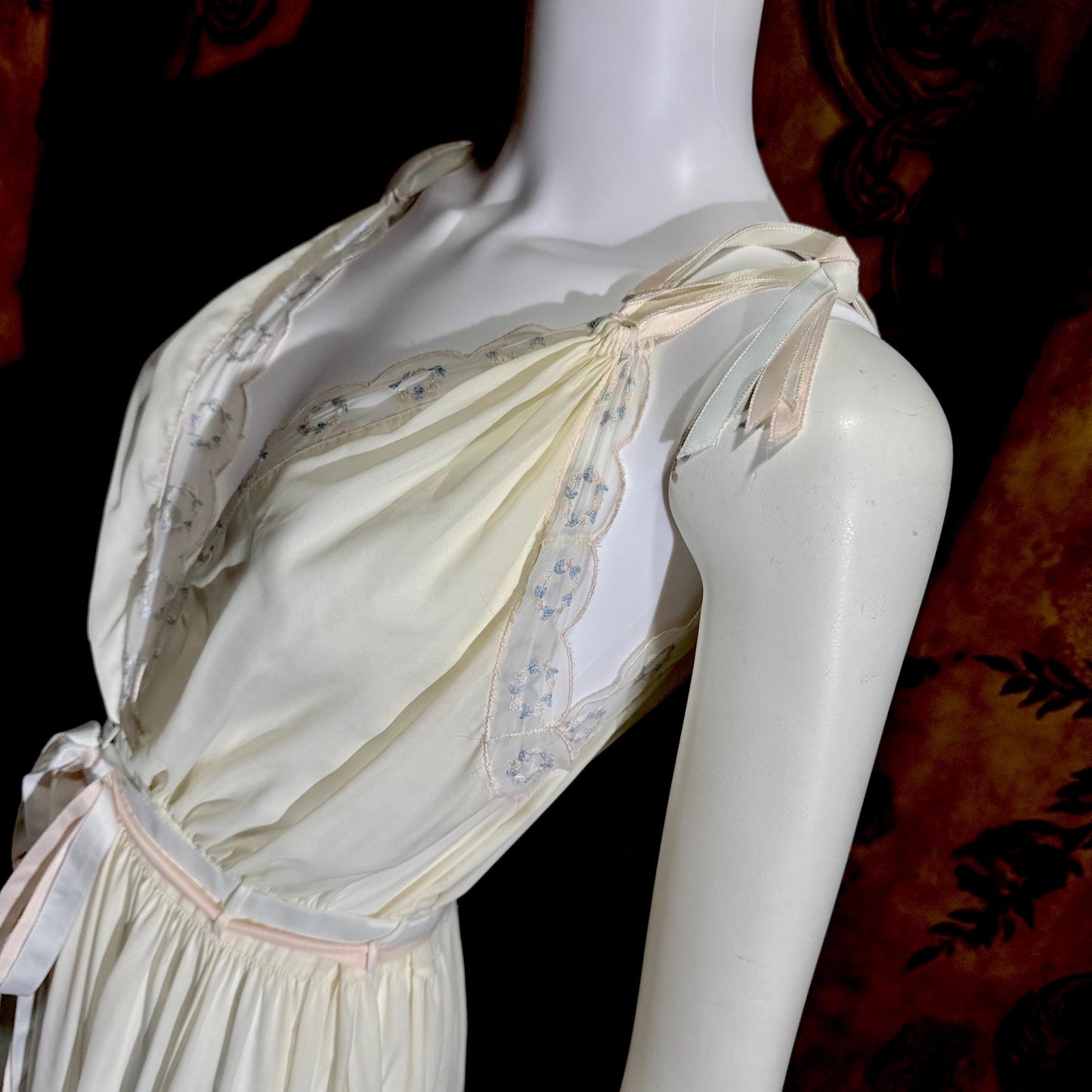 B ALTMAN vintage 1950s nightgown slip dress, Two Roses creamy white lingerie dress