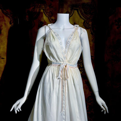 B ALTMAN vintage 1950s nightgown slip dress, Two Roses creamy white lingerie dress