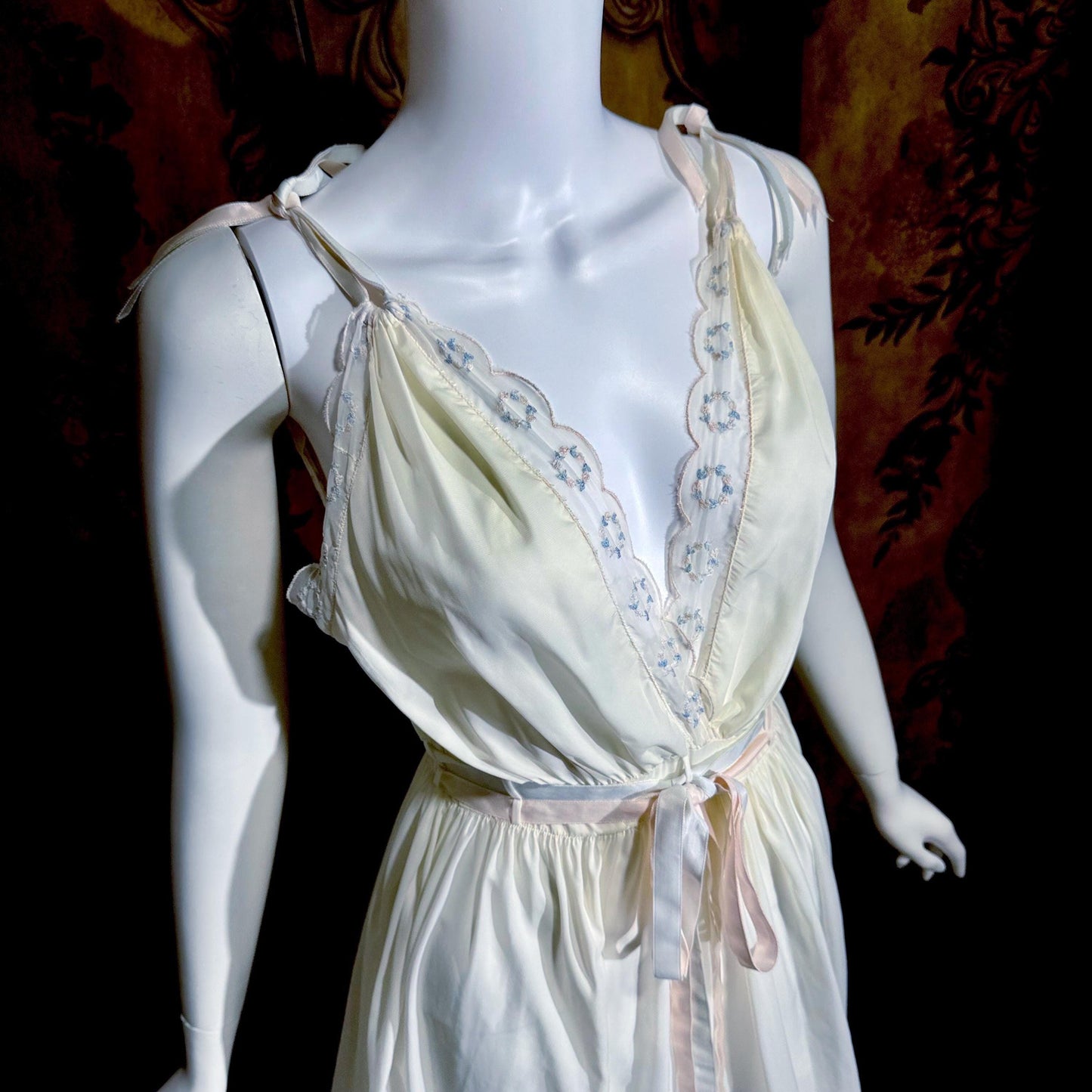 B ALTMAN vintage 1950s nightgown slip dress, Two Roses creamy white lingerie dress