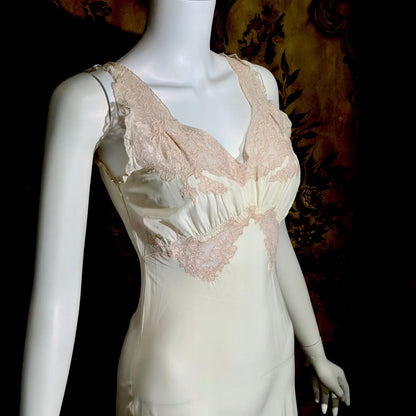TROUSSEAU vintage 1940s nightgown slip dress, Bur Mil Rayon White Pink lingerie dress