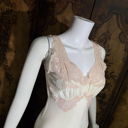 TROUSSEAU vintage 1940s nightgown slip dress, Bur Mil Rayon White Pink lingerie dress