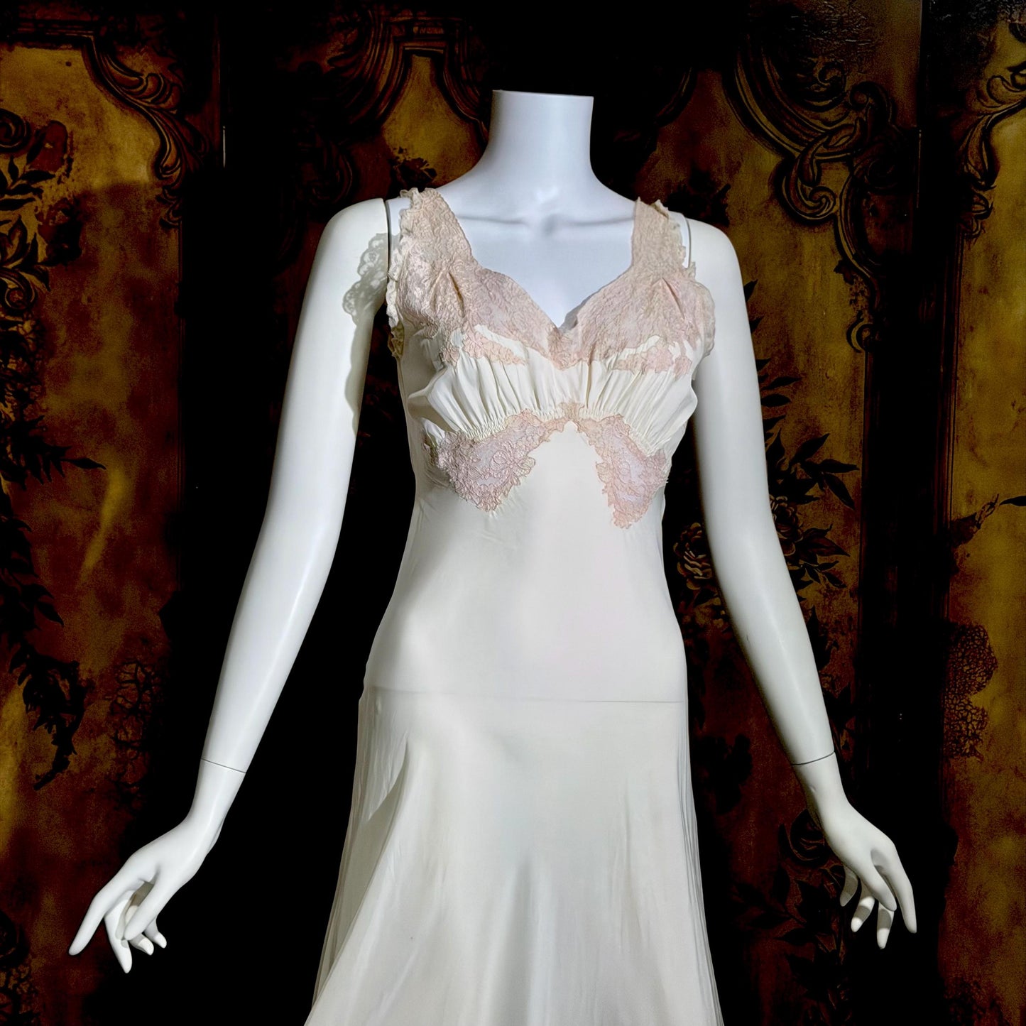 TROUSSEAU vintage 1940s nightgown slip dress, Bur Mil Rayon White Pink lingerie dress