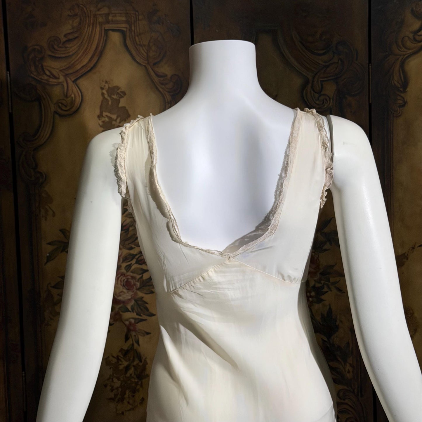 TROUSSEAU vintage 1940s nightgown slip dress, Bur Mil Rayon White Pink lingerie dress