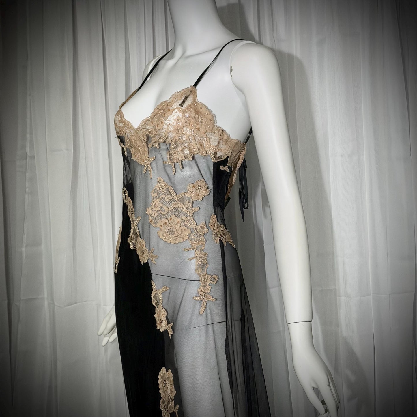 JACALYN BENNETT vintage silk nightgown slip dress, FREDERICKS 1990s black silk and sheer mesh lingerie dress