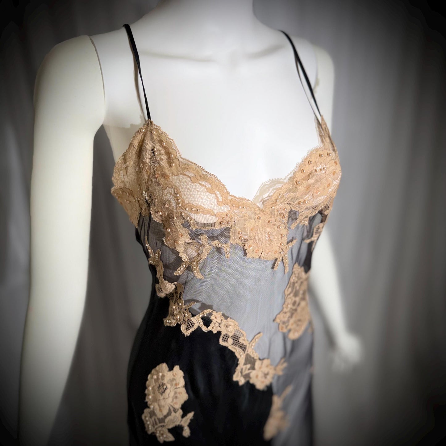 JACALYN BENNETT vintage silk nightgown slip dress, FREDERICKS 1990s black silk and sheer mesh lingerie dress